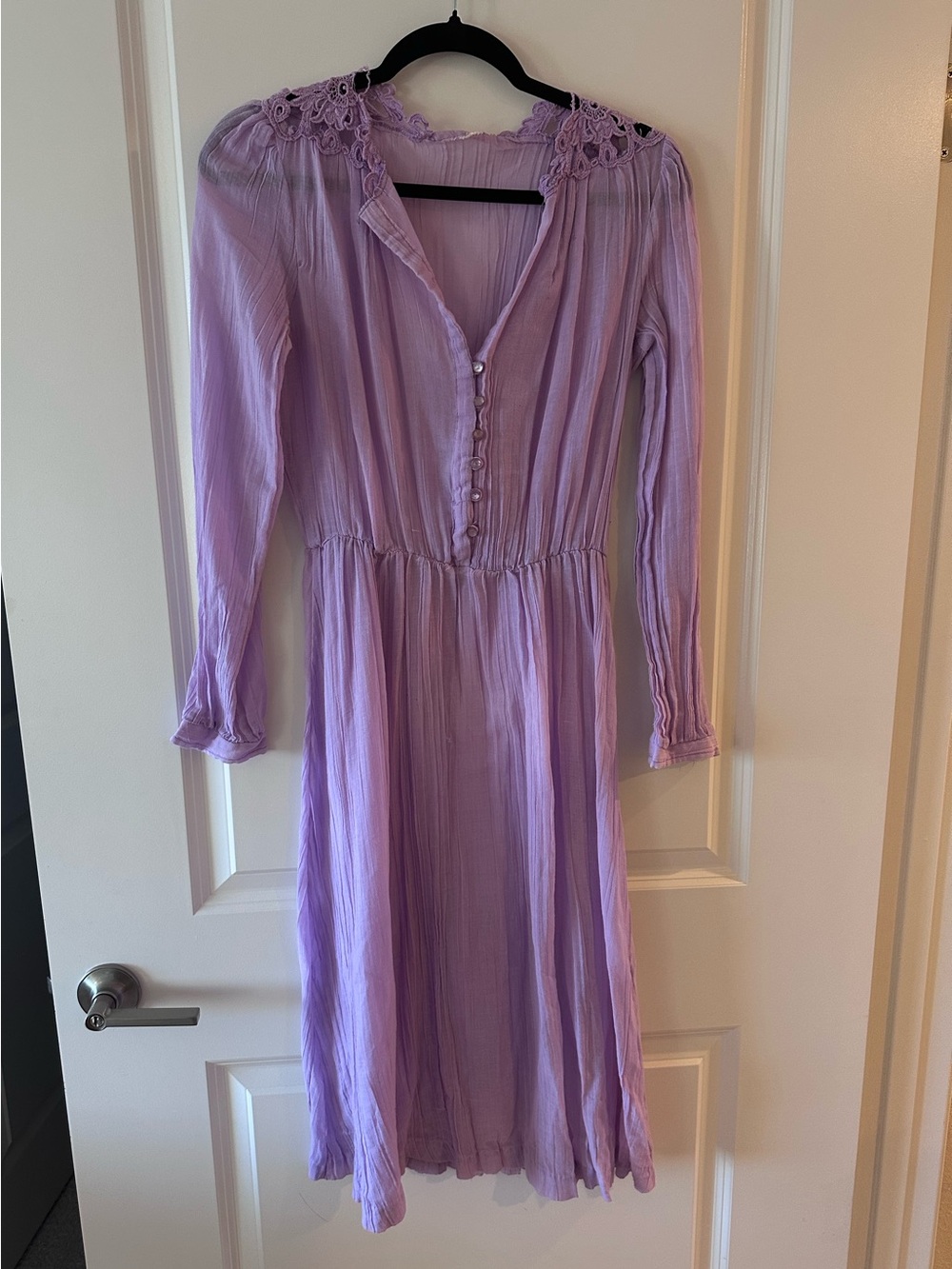 Vintage 70s Lavender Sheer Crinkle Gauze Boho Midi Dress Crochet Shoulder M L